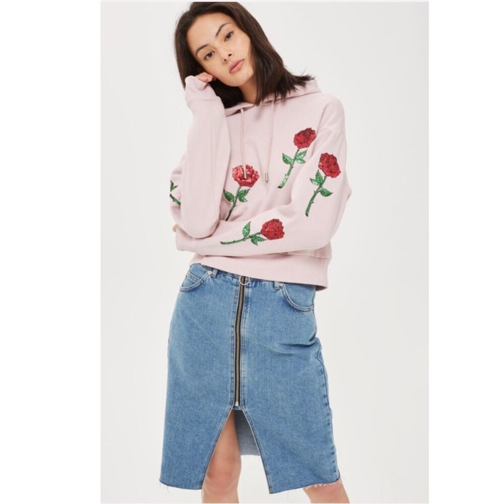 TOPSHOP Pink Sequin Rose Applique Hoodie Size 8